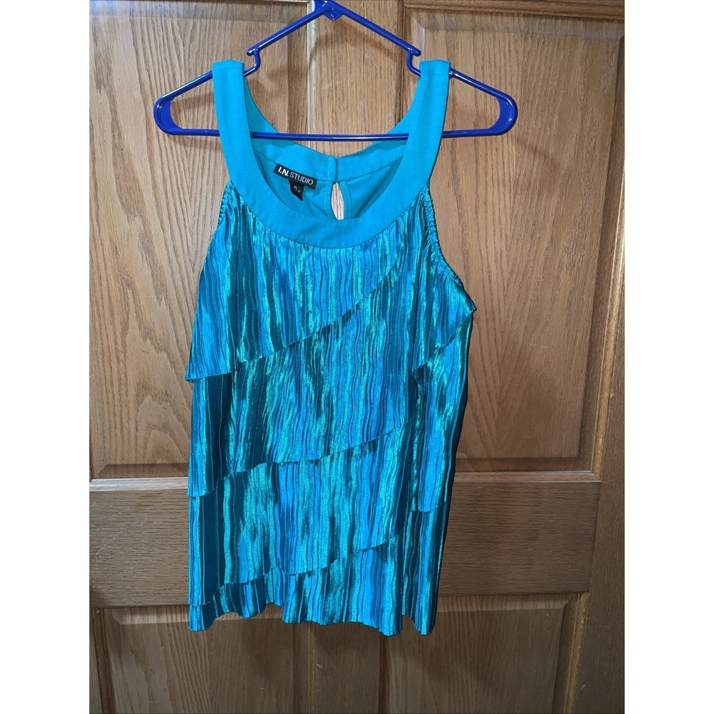Tiered Tank XL Textured Pleated Satin Party Festival Retro Aqua Blue /green
